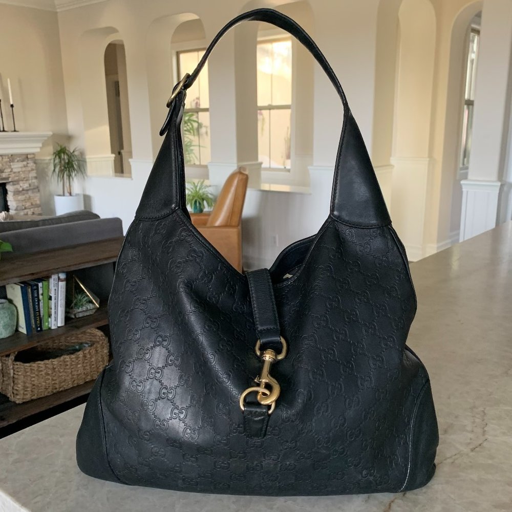 Gucci Jackie O Bouvier Handbag Black Leather Guccissima